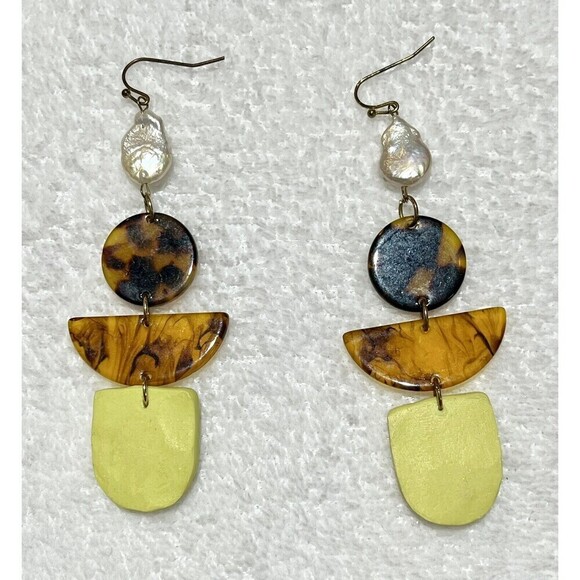 Handmade Fresh Water Pearl Tortoiseshell Polymer Clay Earrings Boho - Picture 7 of 7